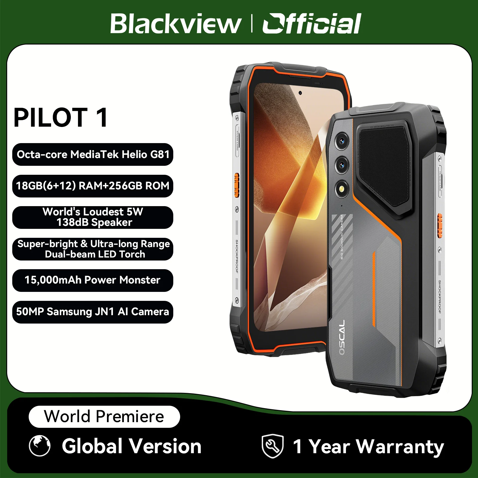 Blackview OSCAL PILOT 1 Rugged Phone, 6GB 256GB Smartphone Helio G81, 6.67'' Display Mobile Phone With 15000mAh, NFC Cellphones