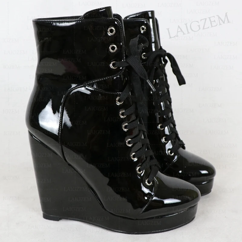 DOHBANER Stiefeletten, glänzend, runde Zehenpartie, Keilabsatz, Schnürung, 13 cm Absatz, Stiefeletten für Damen, Unisex, handgefertigte Schuhe, große Größen 39, 43, 45, 48
