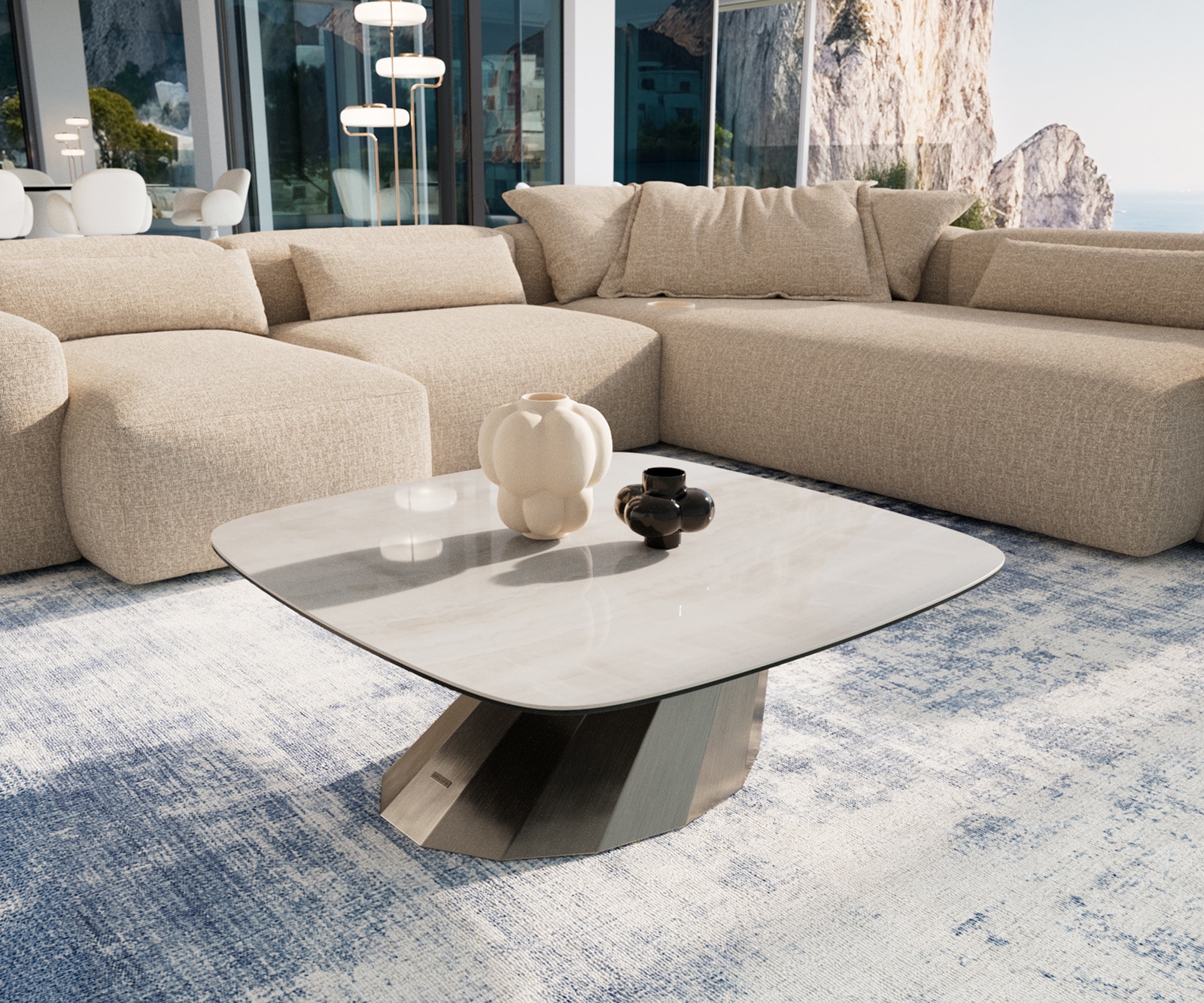 DELIFE Couchtisch Edge Boot 90x90 cm Keramik Onyx Champagne Parabi Edelstahl gebürstet, Couchtische