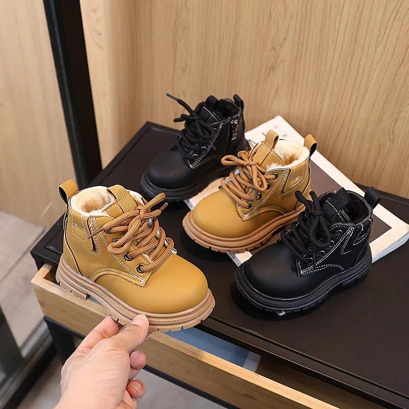 Schneestiefel für Jungen, Retro-Design, rutschfeste Schuhe für Kinder, seitlicher Reißverschluss, Winterstiefel mit Plüschfutter, rutschfeste Lederstiefel, Größe 21–30.