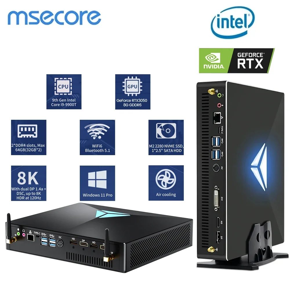 MSECORE Mini Gaming PC Intel Core I9-9900T RTX3050 8G Discrete Graphics DDR4 NVMe SSD WiFi5 BT5.0 8K Windows 11 Desktop Computer