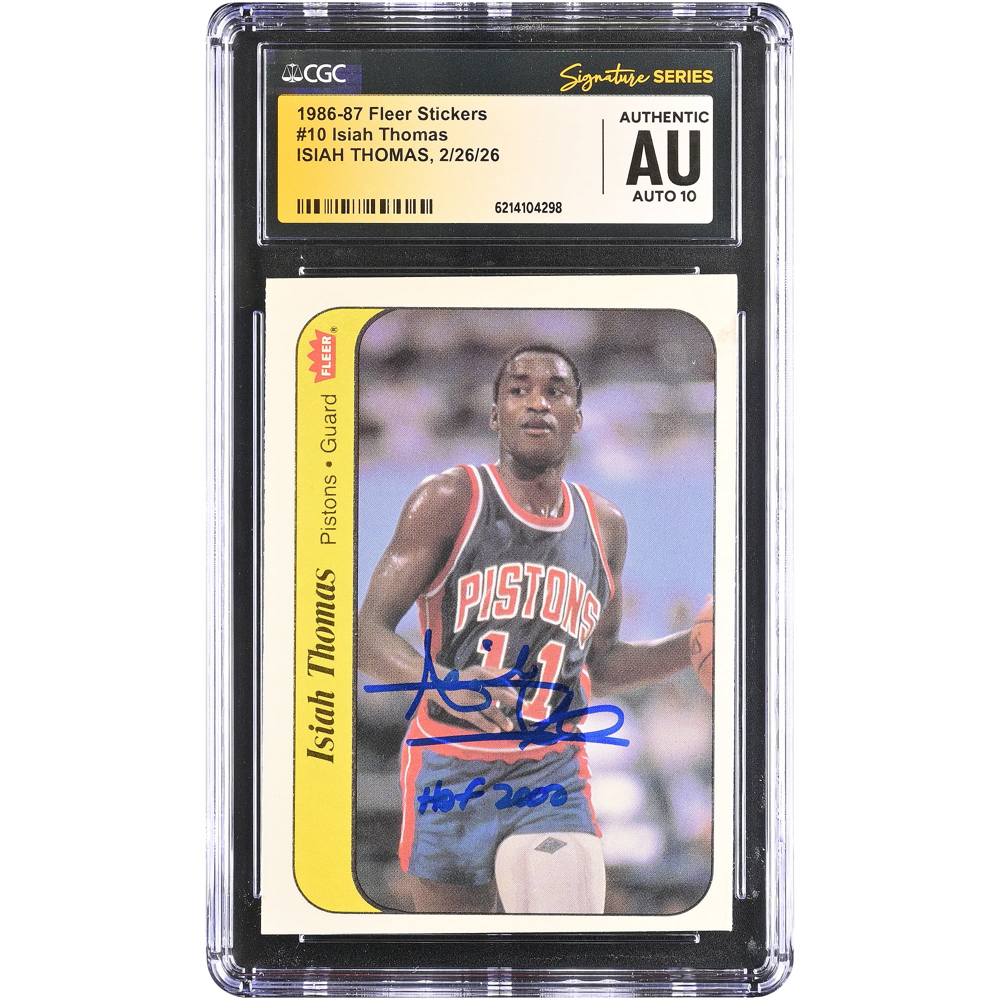 Isiah Thomas Detroit Pistons Autogrammkarte 1986-87 Fleer Stickers #10 CGC Fanatics Witnessed Authenticated AUTO 10 Rookie Card mit "HOF 2000"-Inschrift