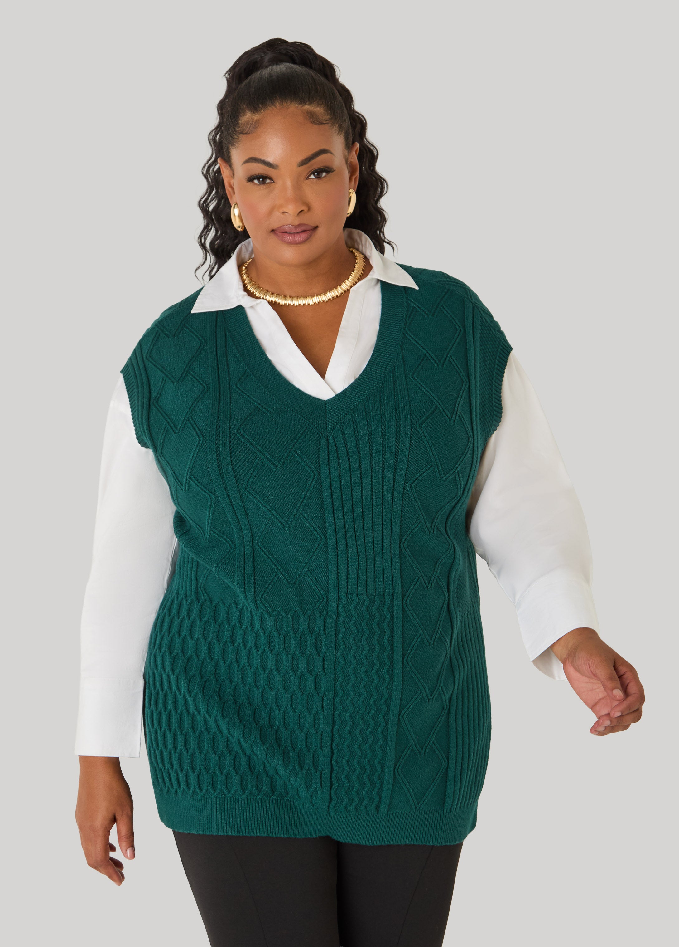 Plus Size Cable Knit V Neck Vest