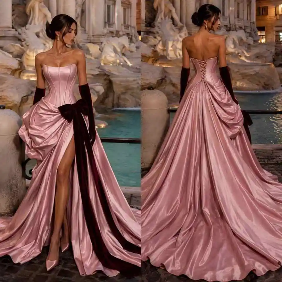 Luxury Satin Evening Gown Strapless Lace Up Back High Slit Bow Mermaid Party Dress For Prom Gala Banquet Customized