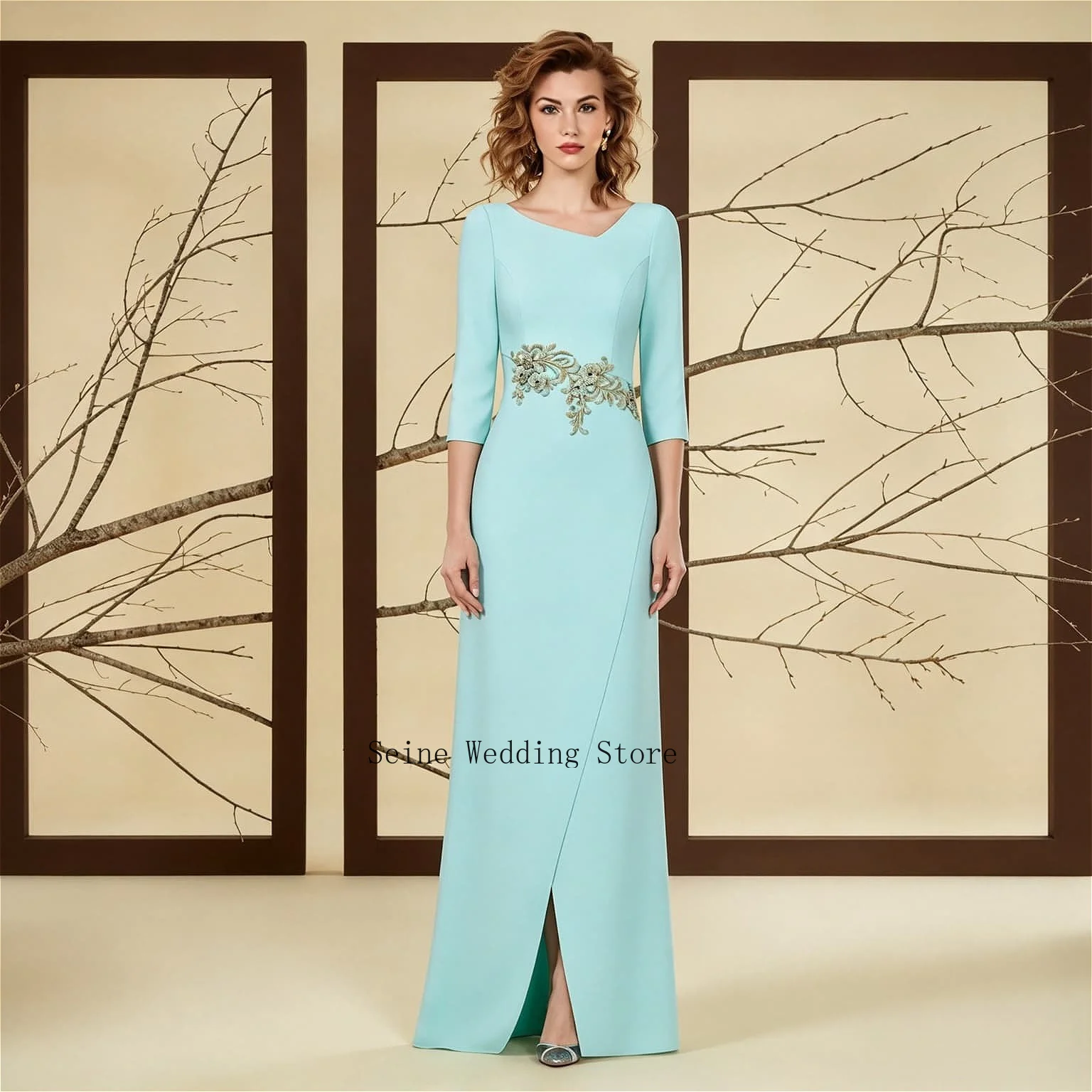 Customized Sheath Crepe Mother of The Bride Dress Floral Lace Appliques V Neck 3/4 Sleeve Wedding Party Dresses Prom Gown