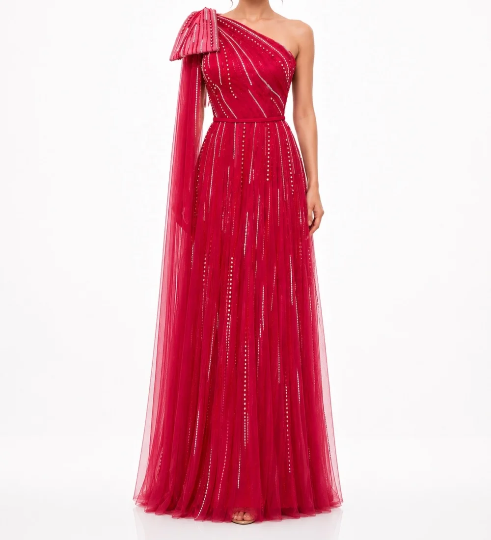 Customized Sizes Available Tulle Pleat Sequined Pattern Bow A-line One-shoulder Long Evening Dresses Luxury 2026