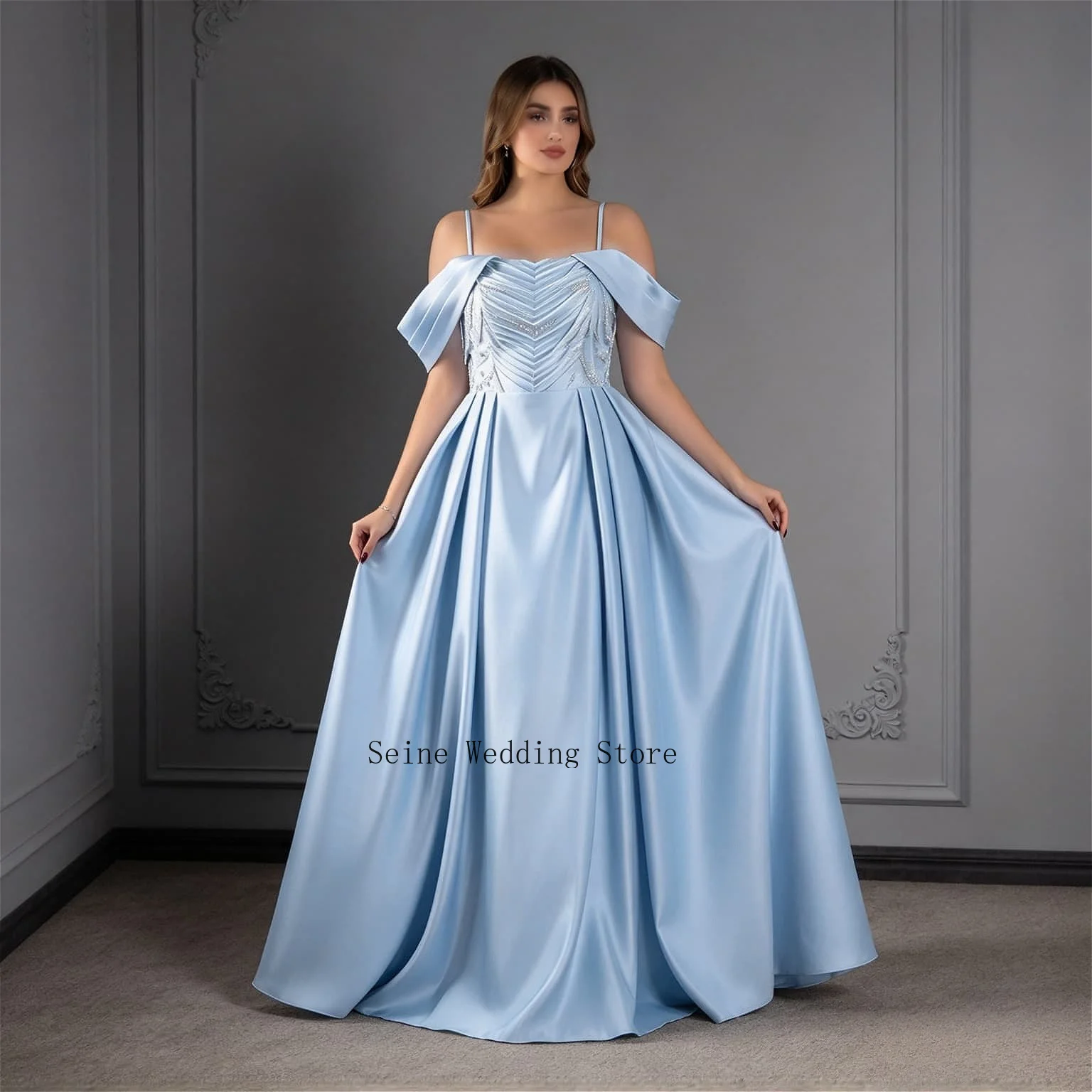 Customized Light Blue A Line Satin Evening Dress Beaded Sequins Lace Off Shoulder Spaghetti Strap Formal Wedding Party Dresses