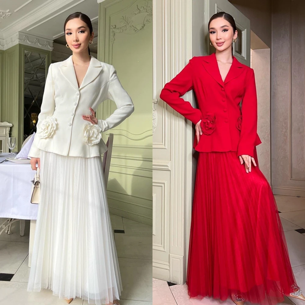 Customized Formal V-Neck A-line Draped Flowers Button Tulle Ankle-Length S Bespoke Occasion Dresses Prom