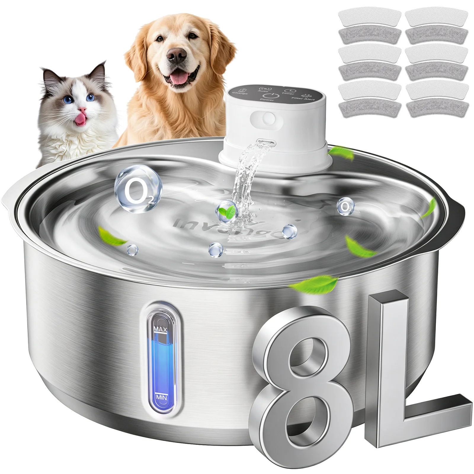 8L Kabelloser Haustier-Trinkbrunnen, Batteriebetriebener Katzen- und Hunde-Spender, Bewegungssensor, 5000mAh 45-Tage-Standby, 6-Schicht-Filter