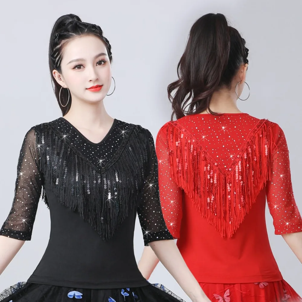 Tops Tees T-Shirts Women Clothes Shirts for Women Clothing Harajuku Y2k Top Tassel Sequin Latin Dance Wear Performance Costume