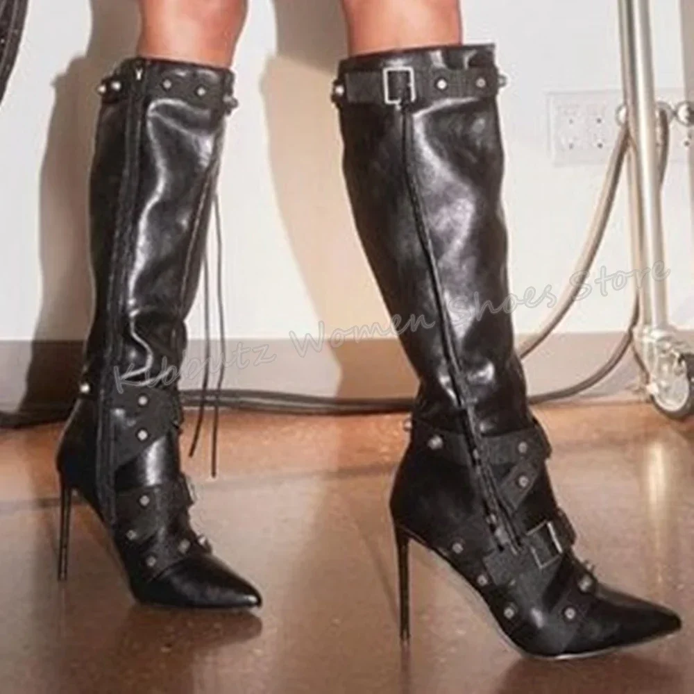 Denim Tuch Kniehohe Stiefel Nieten Gürtel Schnalle Neuheit Mode Sexy Concise Spitz Dünne Fersen Frauen Schuhe Neue Seite Reißverschlüsse