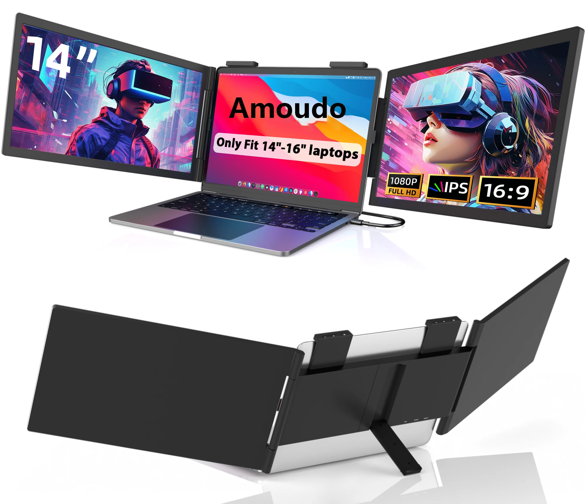 Amoudo, écran triple pour ordinateur portable de 14 pouces, 1920*1080P, 60 Hz, écran IPS portable, triple écran avec port USB-C pour ordinateurs portables de 14 à 16,5 pouces, Windows/Mac, Xbox, écran mobile, triple écran pour ordinateur portable
