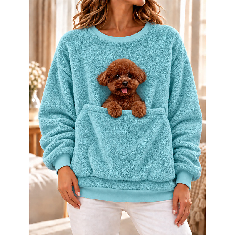Women's Textured Pet Carrier Hoodie Fleece Pullover Sweatshirt Pocket Front Pocket Plain Warm Casual Funny Long Sleeve Crew Neck Regular Tops Blue Ash Black Pink Spring Fall Winter