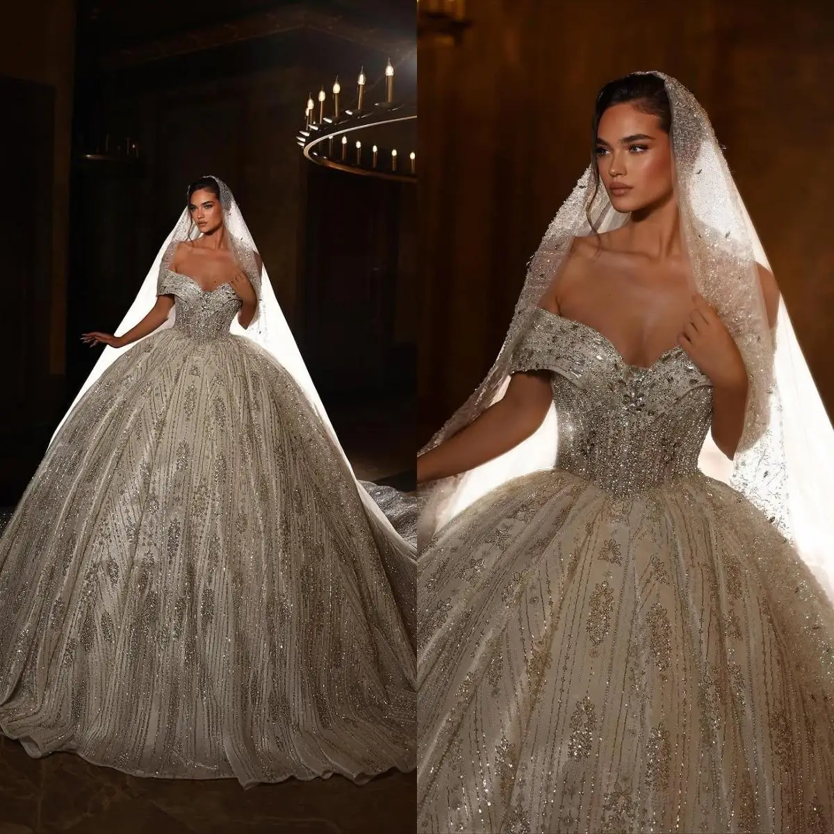 Gorgeous Ball Gown Wedding Dresses Off Shoulder Sequined Crystals Backless Bridal Gowns Prom Dresses Vestido de novia Customized