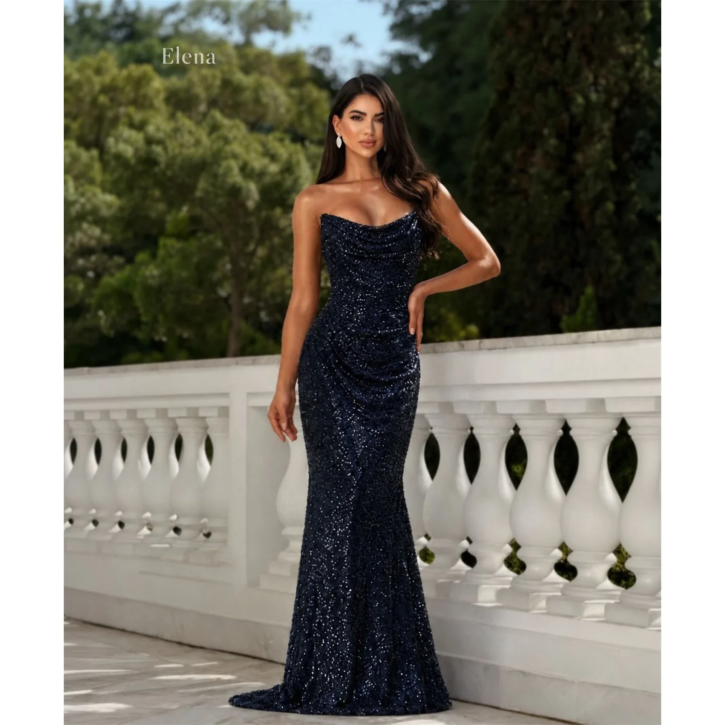 Elena Navy Formal Evening Gown Mermaid Strapless Sleeveless Sequin All-Over Sparkle Cowl Draped Fitted Silhouette Customized