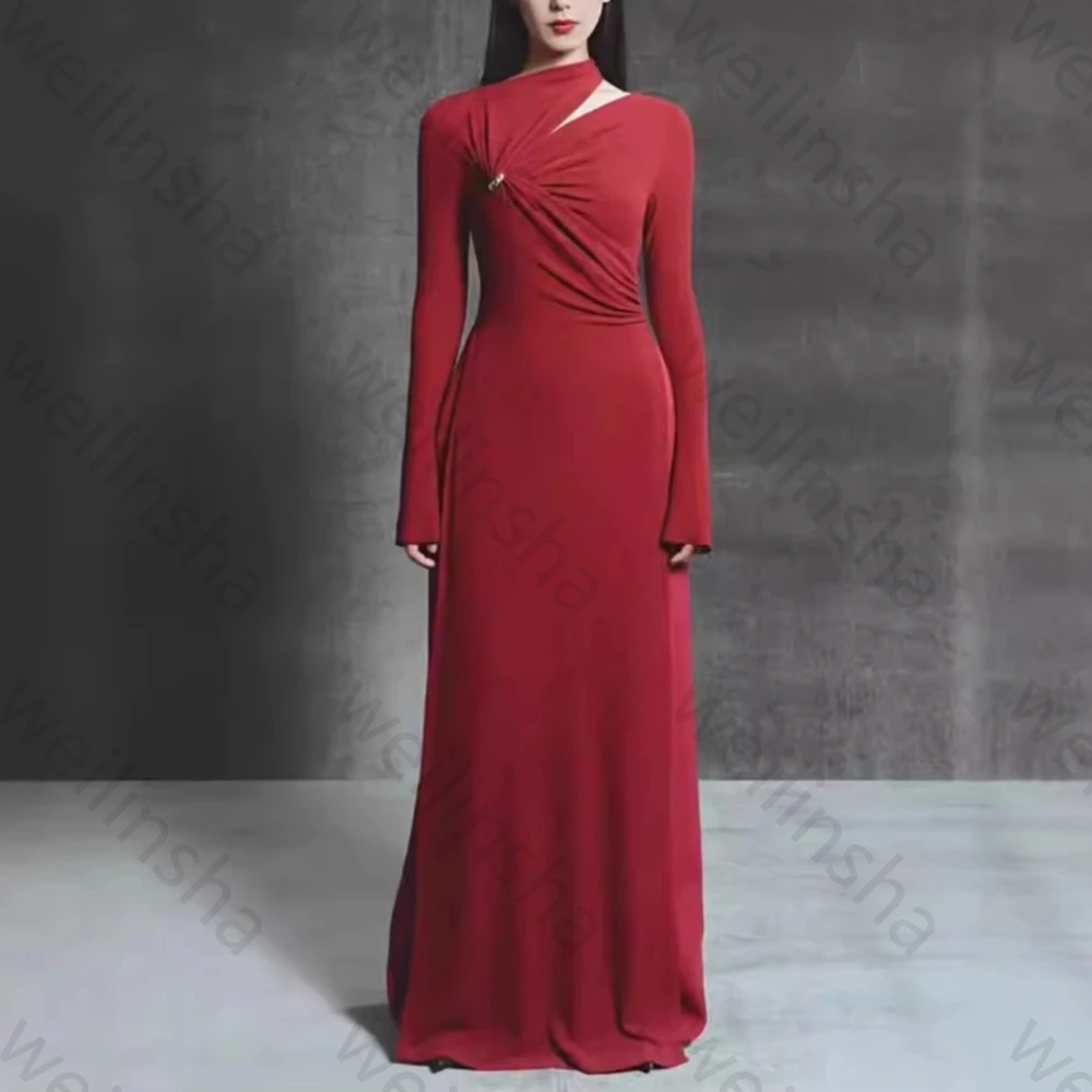 Elegant Long Sleeves Pleat Evening Dresses Sexy Celebrity Long Dress Exquisite High Quality Prom Party Gown for Women Customized