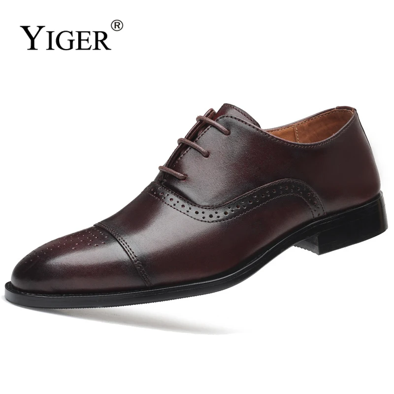 YIGER Men's dress shoes Oxford shoes Man Formal shoes Brogue Business shoes male Lace-up shoes male dress shoes Black Brown 2025