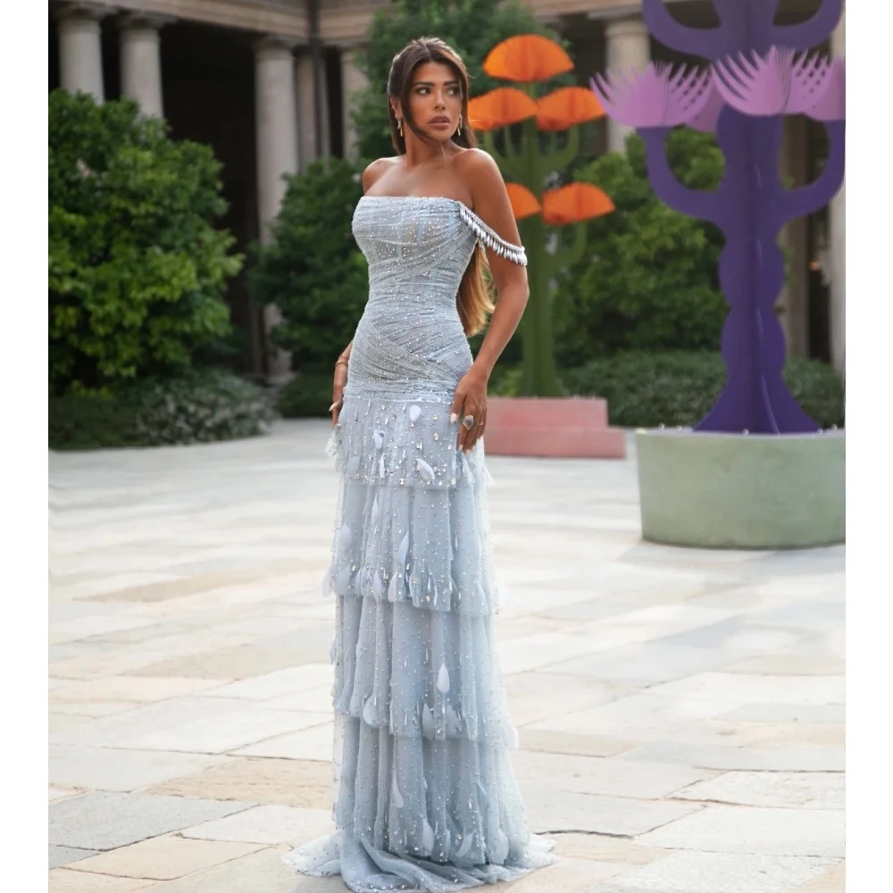 Dusty Light Blue Prom Dresses Beads Crystals Lace Feathers Evening Gowns Off Shoulder Tiered Customized Special Occasion Gowns