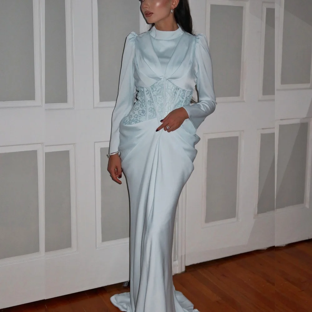 Customized Temperament Elegant High Collar Formal Evening Dress Lace Waist Mermaid Wedding Party Dress Chic