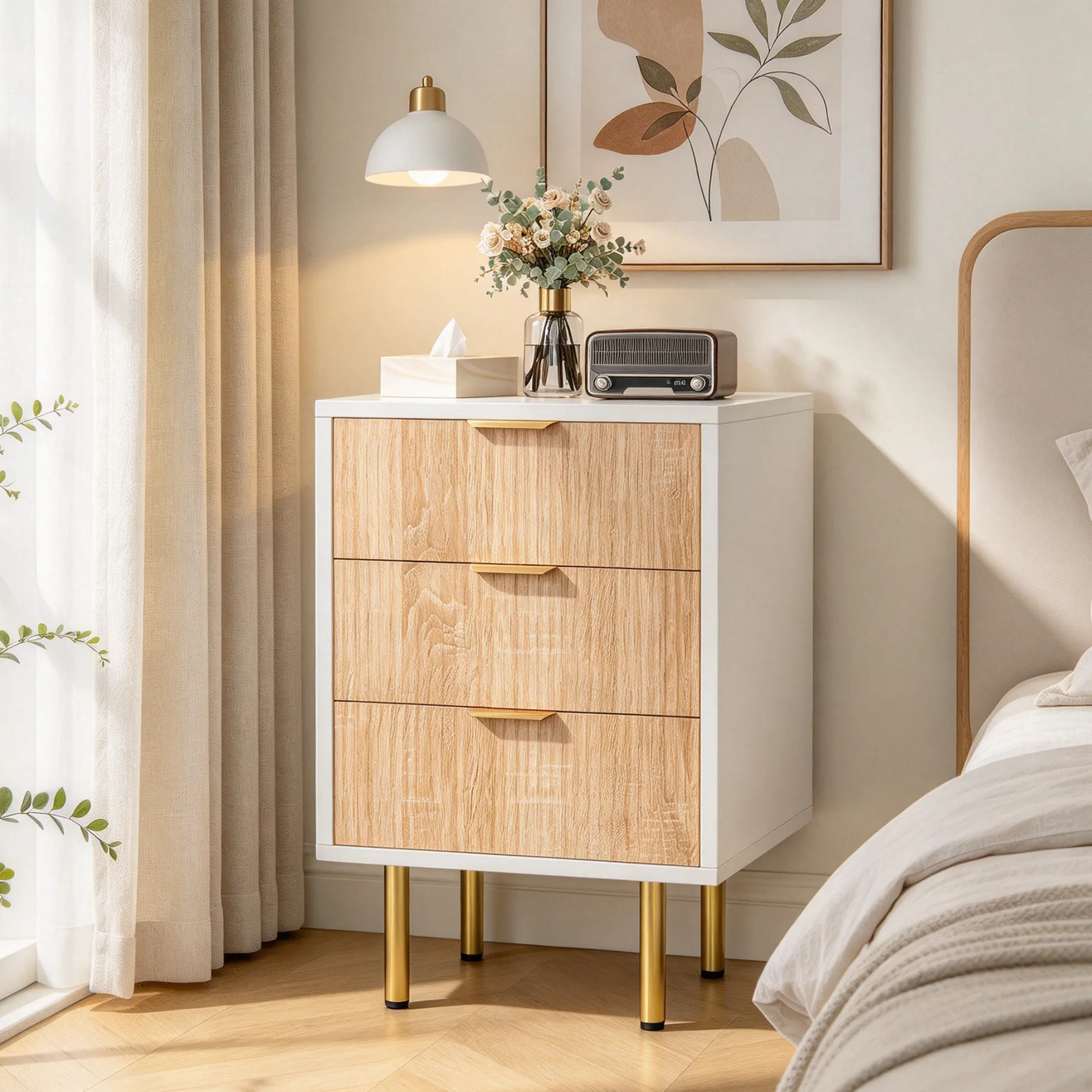 Simurq Nachttisch-Set, 2 Stück, Nachttisch mit 3 Schubladen, Nachttisch mit Metallgriffen und goldenen Füßen, moderner Beistelltisch, Sofatisch für Boxspringbett, Schlafzimmer, Wohnzimmer, 40 x 40 x 65 cm, Holzoptik.