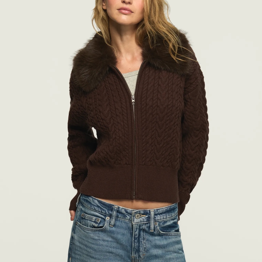 Lucky Brand Fur Collar Sweater Jacket - Women's Clothing Outerwear Jackets Coats