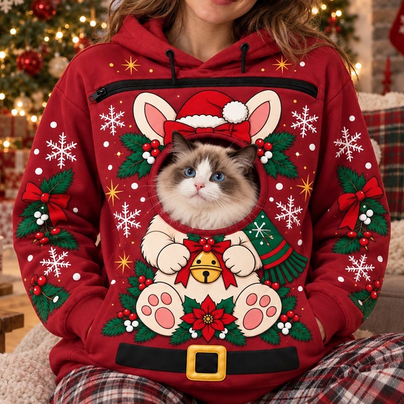 Christmas Funny Bonding Pouch Hoodie Pet Lover Gifts Small Pet Carrier Rabbit Bunny Cute Cozy Cat Dog Front Pocket Plus Size for Women's Adults' 3D Print for Christmas New Year Gift Giving Family