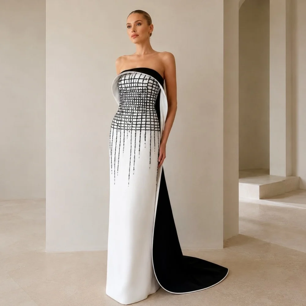 Customized Fashion Jersey Pleat Sequined Pattern Straight Strapless Long Bespoke Occasion Evening Dresses High Quality