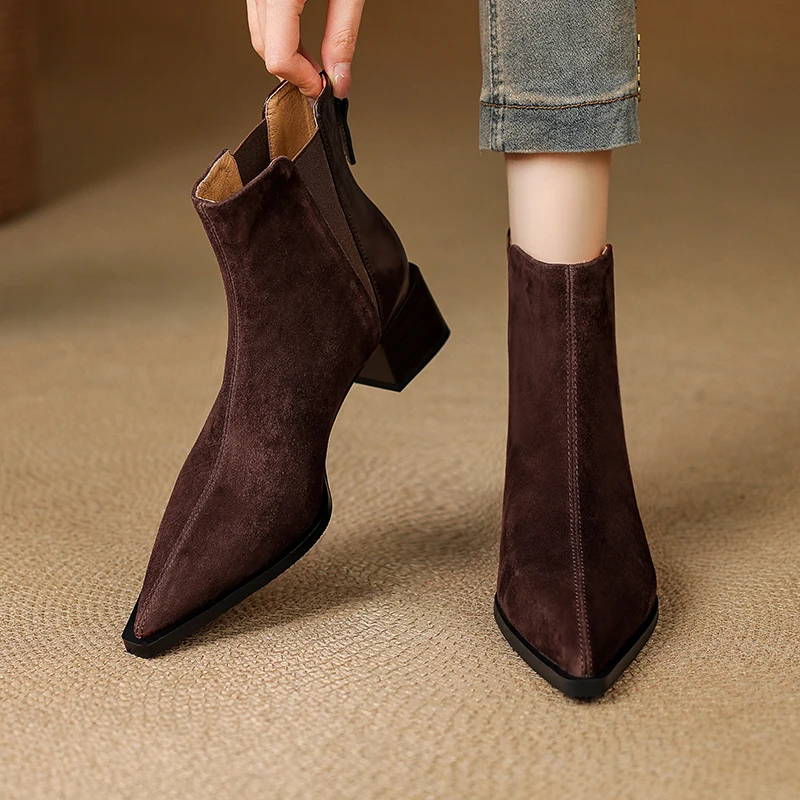 2023 neue Frauen Schuhe Schafe Wildleder Sexy Platz Ferse Stiefeletten High Heels Spitz Warme Herbst Winter Kurze Schuhe Frau stiefel