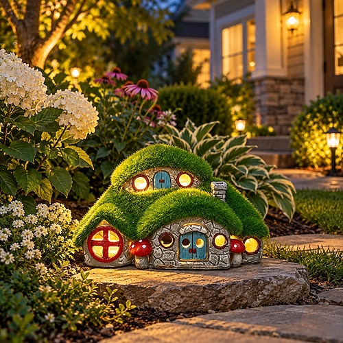 Solarbetriebene Gartenhaus-Statue mit LED-Beleuchtung, Feenhaus-Dekoration aus Kunstharz mit Moosdach, Gartendekoration für Terrasse, Balkon, Hof und Garten, zauberhaftes Geschenk für den Feengarten