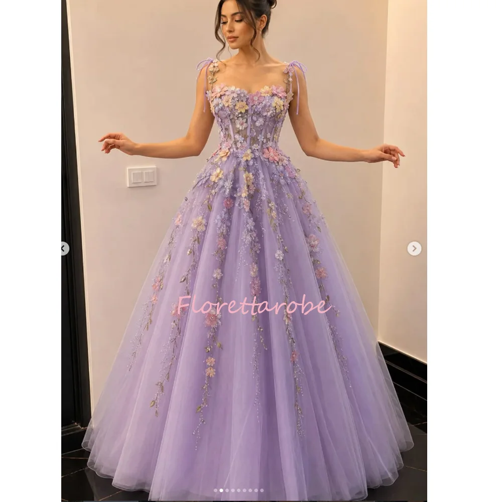 Purple Appliques Flowers Prom Dresses Women Sweetheart A-Line Long Tulle Evening Gowns Floor-Length Formal Party Dress Customiz