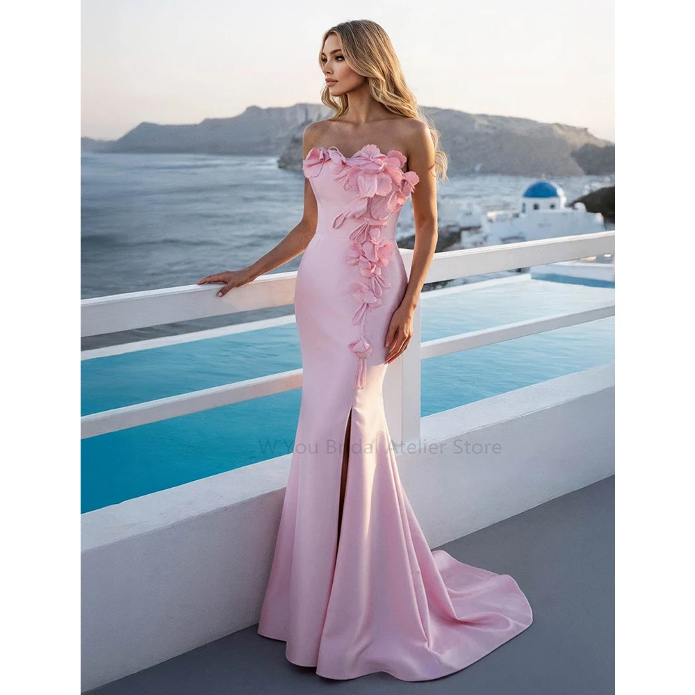 Blush Pink Strapless Mermaid Evening Gown 3D Floral Appliques Satin Formal Dresses Women Wedding Guest Prom Party Customized