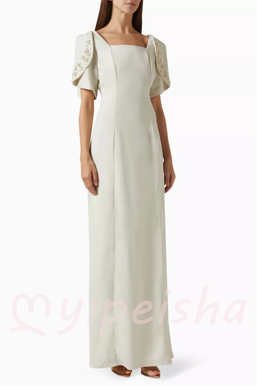 Beige Gentle Classic Jersey Beading Sequined Straight Square Neck Floor-Length Evening Dresses for Woman Guest Customized