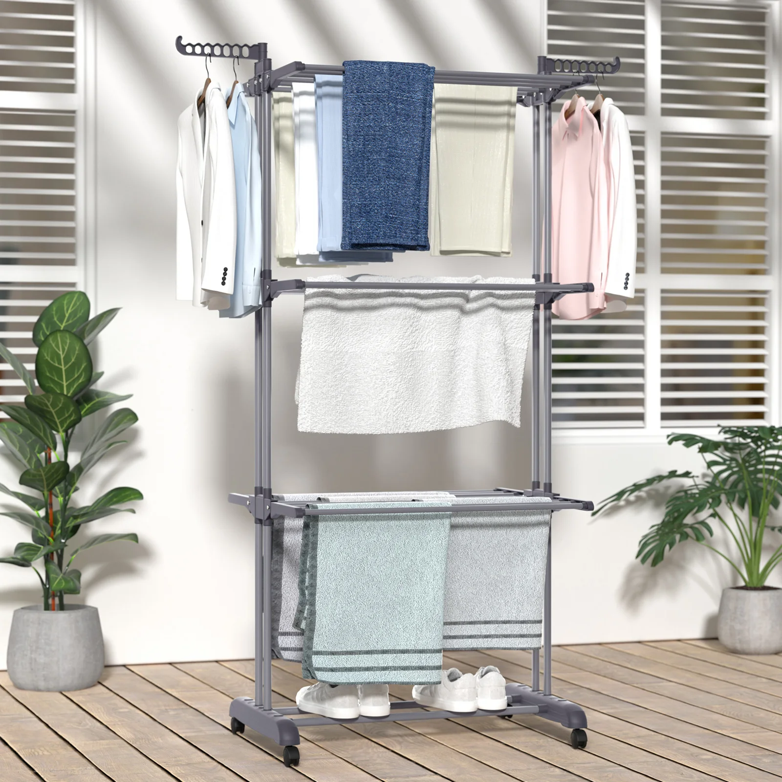 Oak & Tea 3-Tier Foldable Clothes Drying Rack, Rolling Laundry Airer with Wheels, Heavy Duty Carbon Steel & PP Clothes Horse, Large Capacity Indoor Outdoor Garment Drying Rack for Towels, Bedding & Clothes