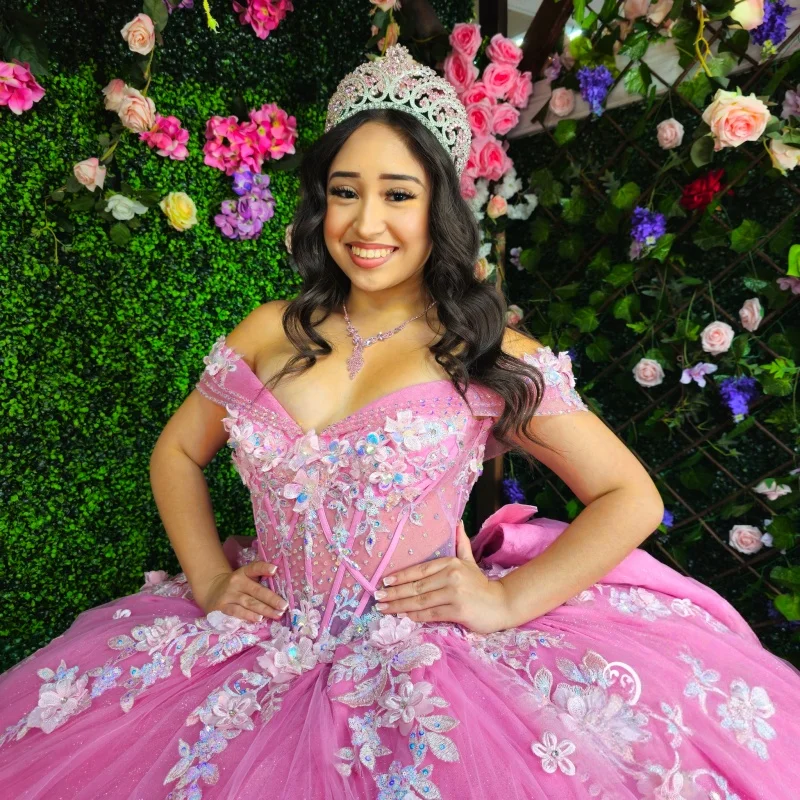 Pink Royal Blue Quinceanera Dress Crystal Glitter Decal 3D Flower Long tail Big Bow Vestidos De 15 Quinceanera ﻿Customize
