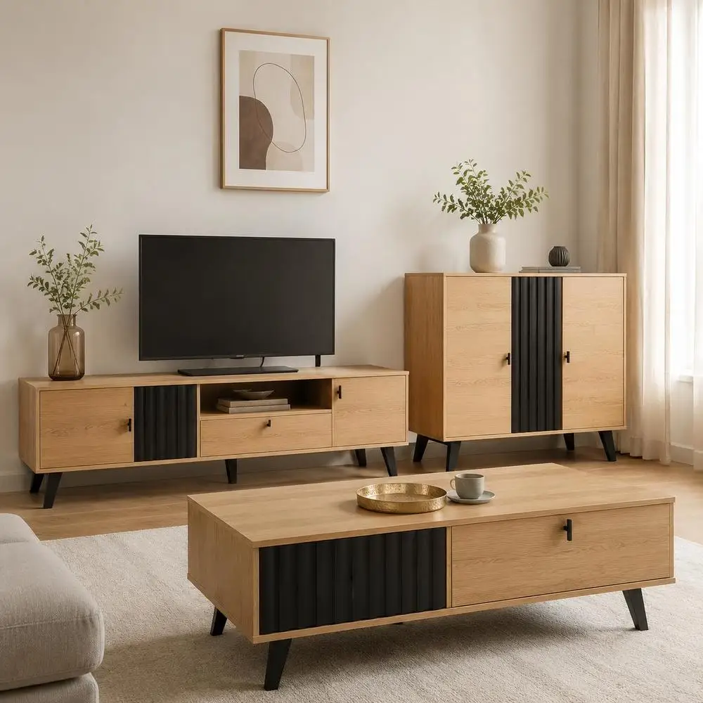 3-teiliges Wohnzimmermöbel-Set, Couchtisch, TV-Schrank, Sideboard, Holzmaserung und schwarzes Design, Möbel aus Spanplatten und Glas für die Inneneinrichtung, 100x60x45 cm, 170x40x50,5 cm