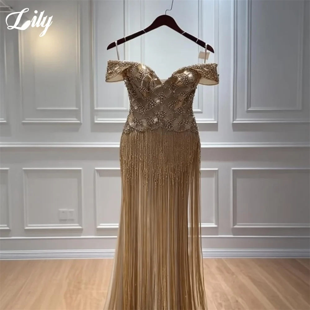 Lily Gold Prom Dress Crystal Beaded Bodice Celebrity Dress Off Shoulder Women's Evening Dresses Tassel Formal Gown Customized