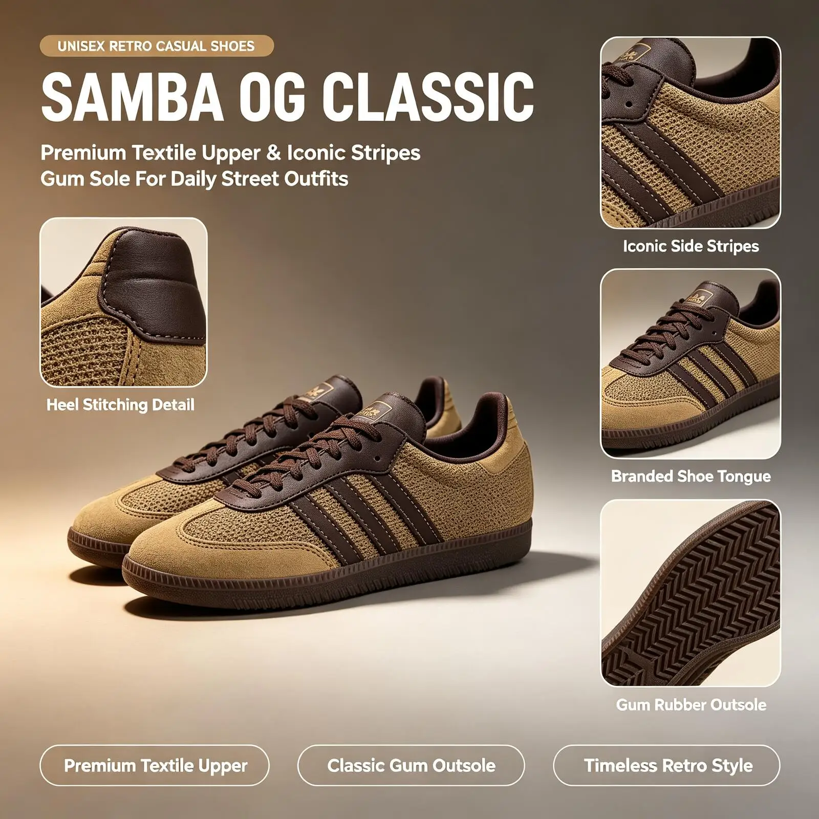 Offizielle Adidas Original SAMBA OG JR0884 Low-Top Skateboard-Schuhe Unisex Gold Beige Wildleder Gummisohle Retro-Sneakers