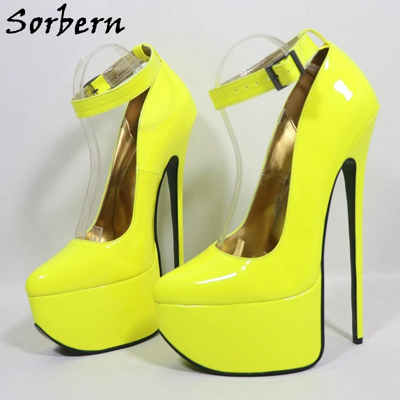 Sorbern Neon-Gelbe Damen-Pumps mit Knöchelriemen, 24 cm hohe Absätze, sichtbare Plateau-Sohle, spitze Zehen, sexy Damenschuhe mit hohem Absatz.