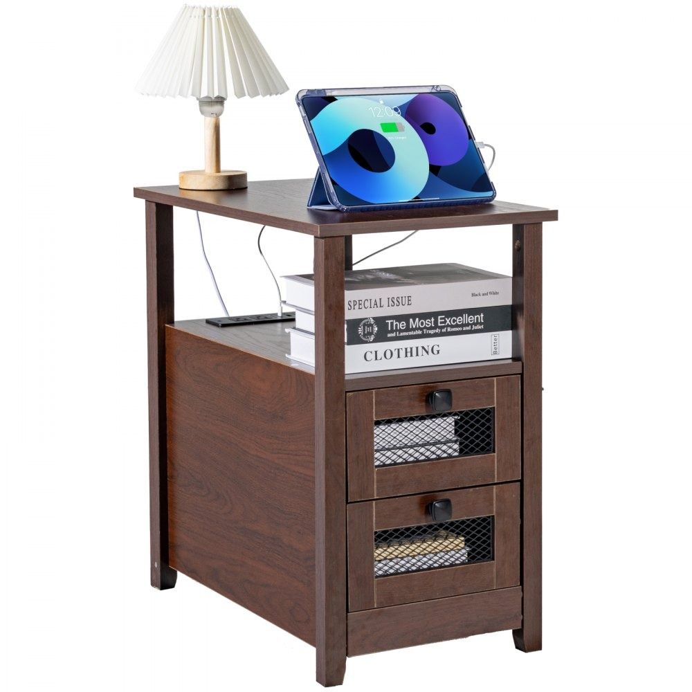 Farmhouse End Table Nightstand With Built In Charging Station And 2 Drawers Brown Farmhouse End Table Nightstand With Built In Charging Station And 2 Drawers Brown