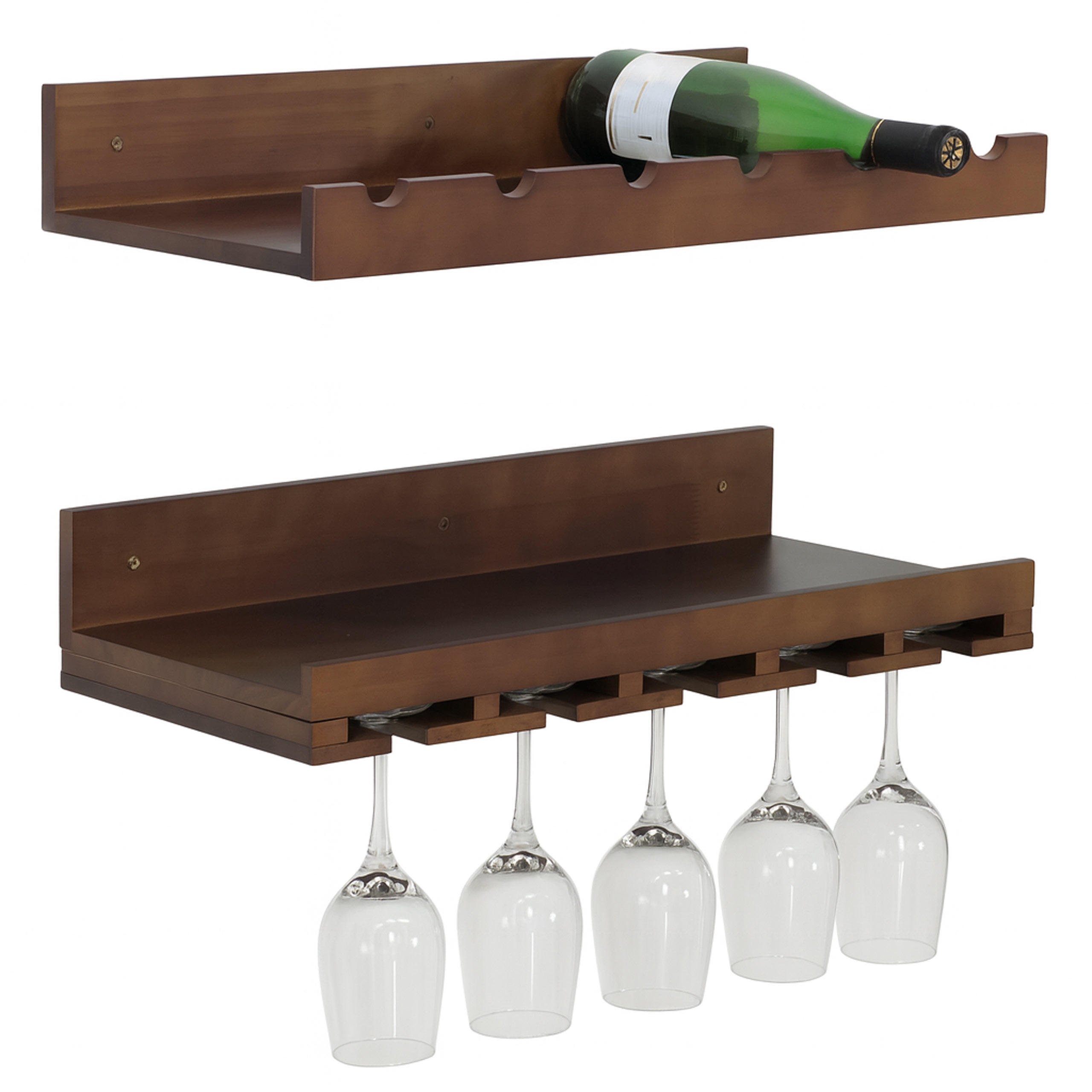 2er-Set Weinregal HWC-P22, Glas-/Flaschenhalter Wandbar für 6 Flaschen/15 Gläser Holz FSC®-zertifiziert 61x28cm ~ braun