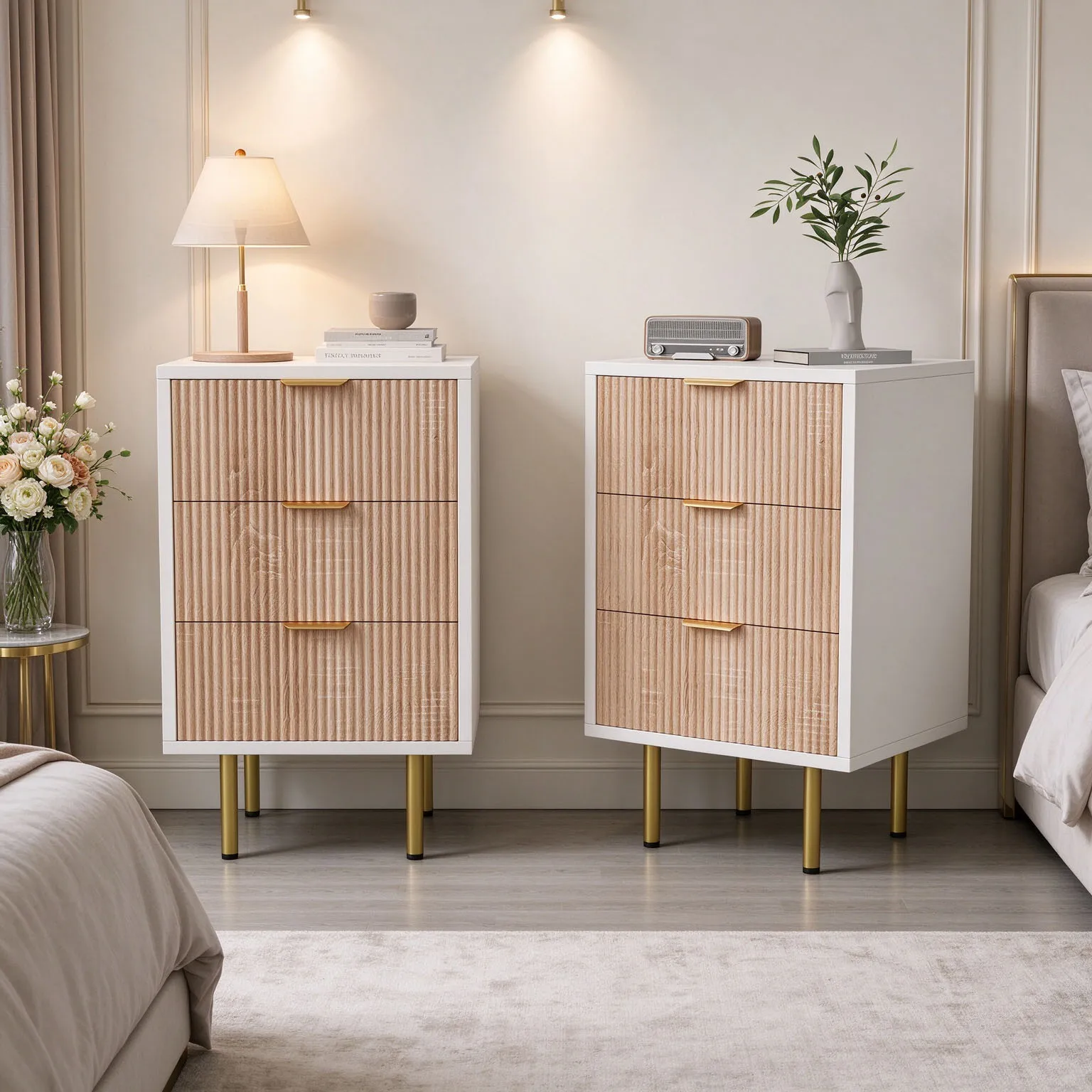 Superaly, 2 Stück Nachttisch mit 3 Schubladen, weißes Holzoptik, geriffelte Vorderseite, Nachttisch mit goldenen Metallbeinen, moderner Beistelltisch mit Stauraum für Schlafzimmer und Wohnzimmer,