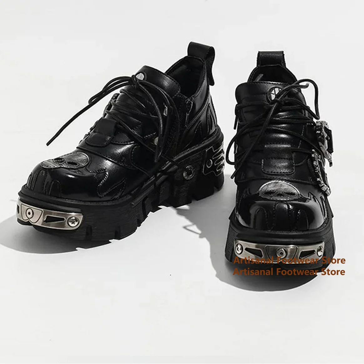 Gothic-Schuhe mit Totenkopf-Metallschnalle, Plateausohle, Schnürung, klobiger Sohle, Punk-Nieten-Dekor, Y2K-Mode-Sneaker ﻿ Trendige Herrenschuhe
