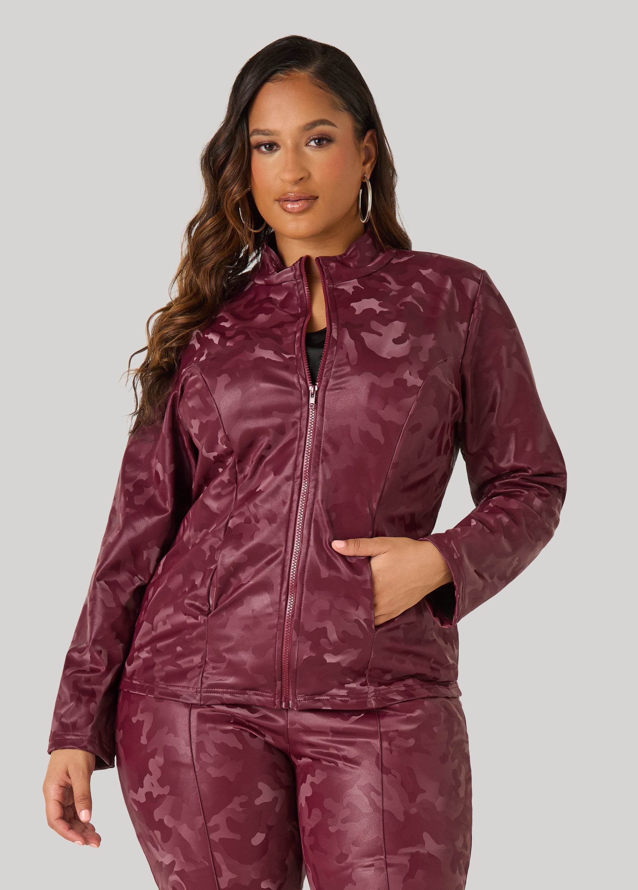Plus Size Camo Print Faux Leather Jacket