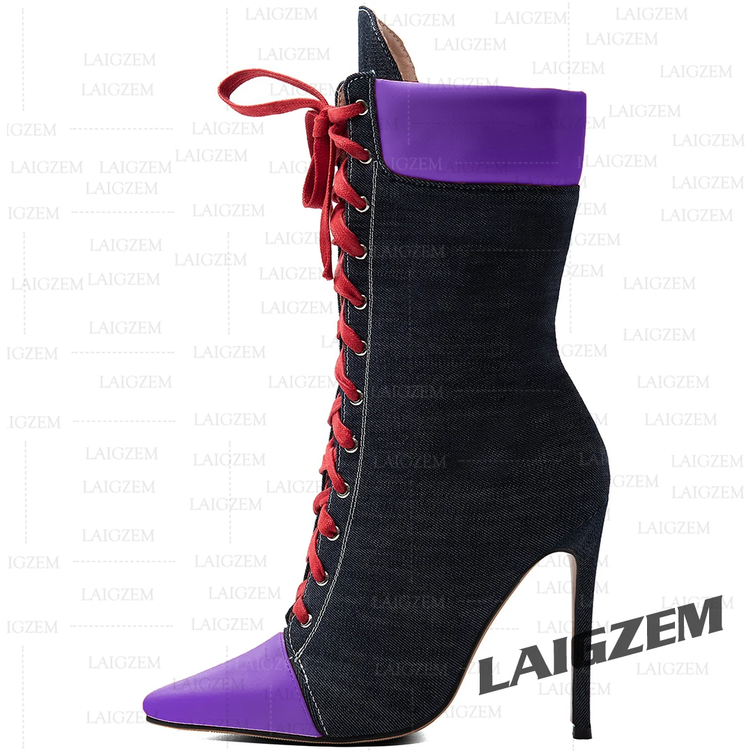 LAIGZEM Damen Stiefeletten mit spitzer Zehenpartie, Patchwork-Design, Schnürung, Stiletto-Absatz, Damen-Schuhe, handgefertigt, große Größen 41 44 47