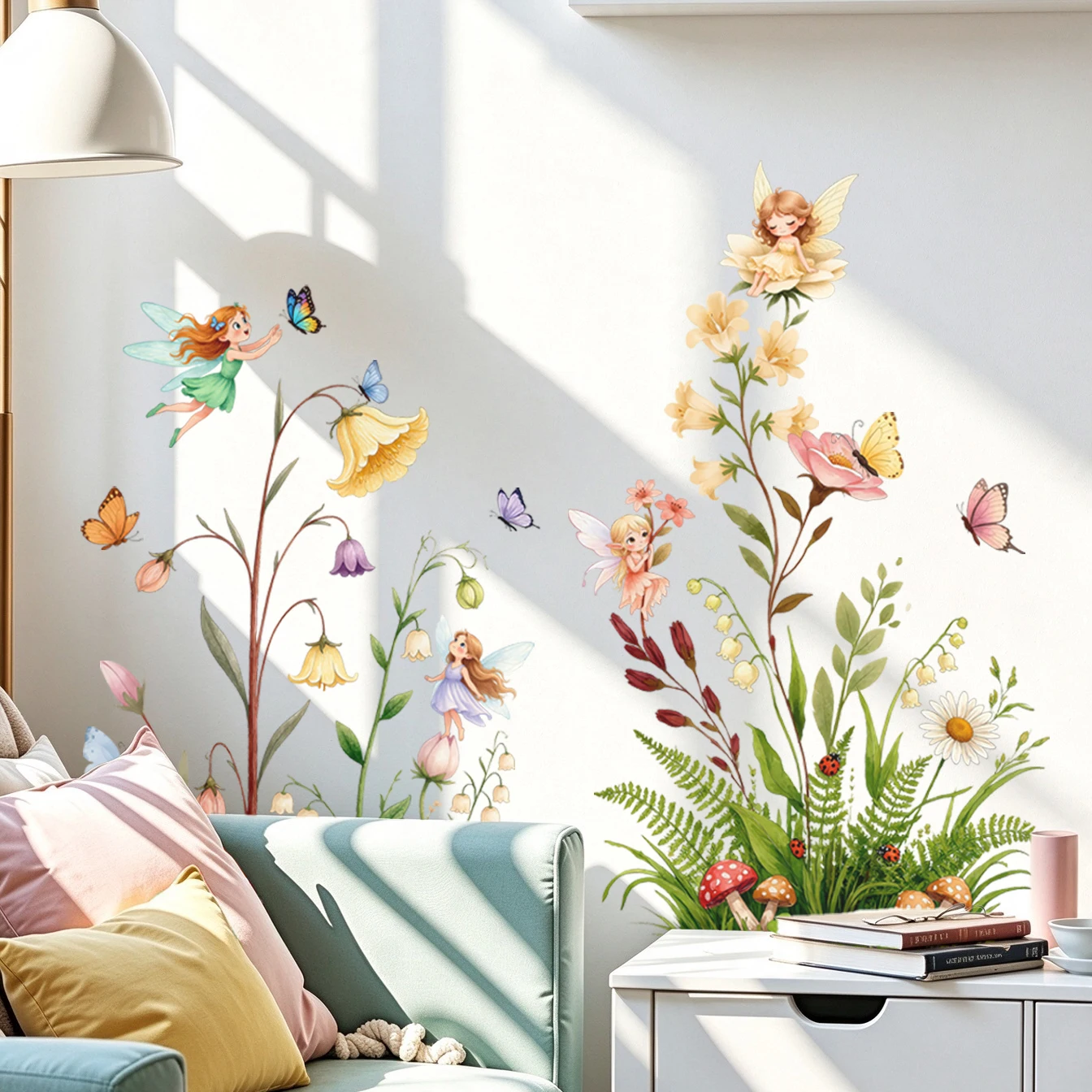 Garten-Blumen-Feen-Wandsticker, Wildblumen-Schmetterling-Pilz-Wandaufkleber, Mädchenzimmer, Kinderzimmer, selbstklebende Wanddekoration