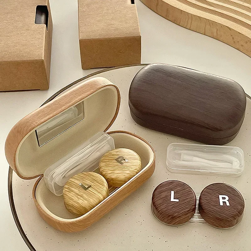 Étui à lentilles à motif bois, étui à lentilles de contact pour femmes, étui à lentilles de contact colorées pour hommes, boîte de rangement portable pour lentilles de contact, ensemble de voyage pour lentilles de contact.