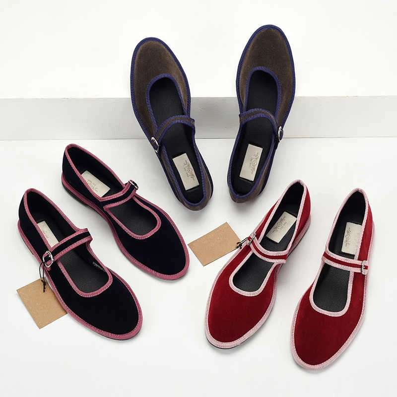 Wohnungen Mary Jane Schuhe Frauen 2024 Trend Samt Casual Streetwear Damen Schuhe Leinwand Schnalle Spitz Loafers Elegante