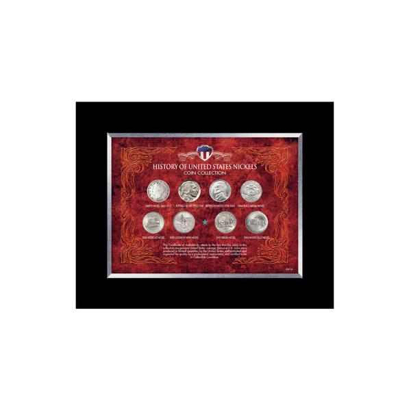 american-coin-treasures-history-of-united-states-nickels-coin-desk-framed-memorabilia-metal-in-red-|-7.19-h-x-9.13-w-x-0.5-d-in-|-wayfair-616/