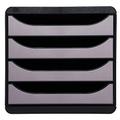 Exacompta - Ref 310438D - BIG-BOX Desktop Drawer Set - 4 x 55mm Drawers, Suitable for A4+ Documents, 347 x 278 x 267mm, 100% Recycled Plastic - Black/Metallic Silver