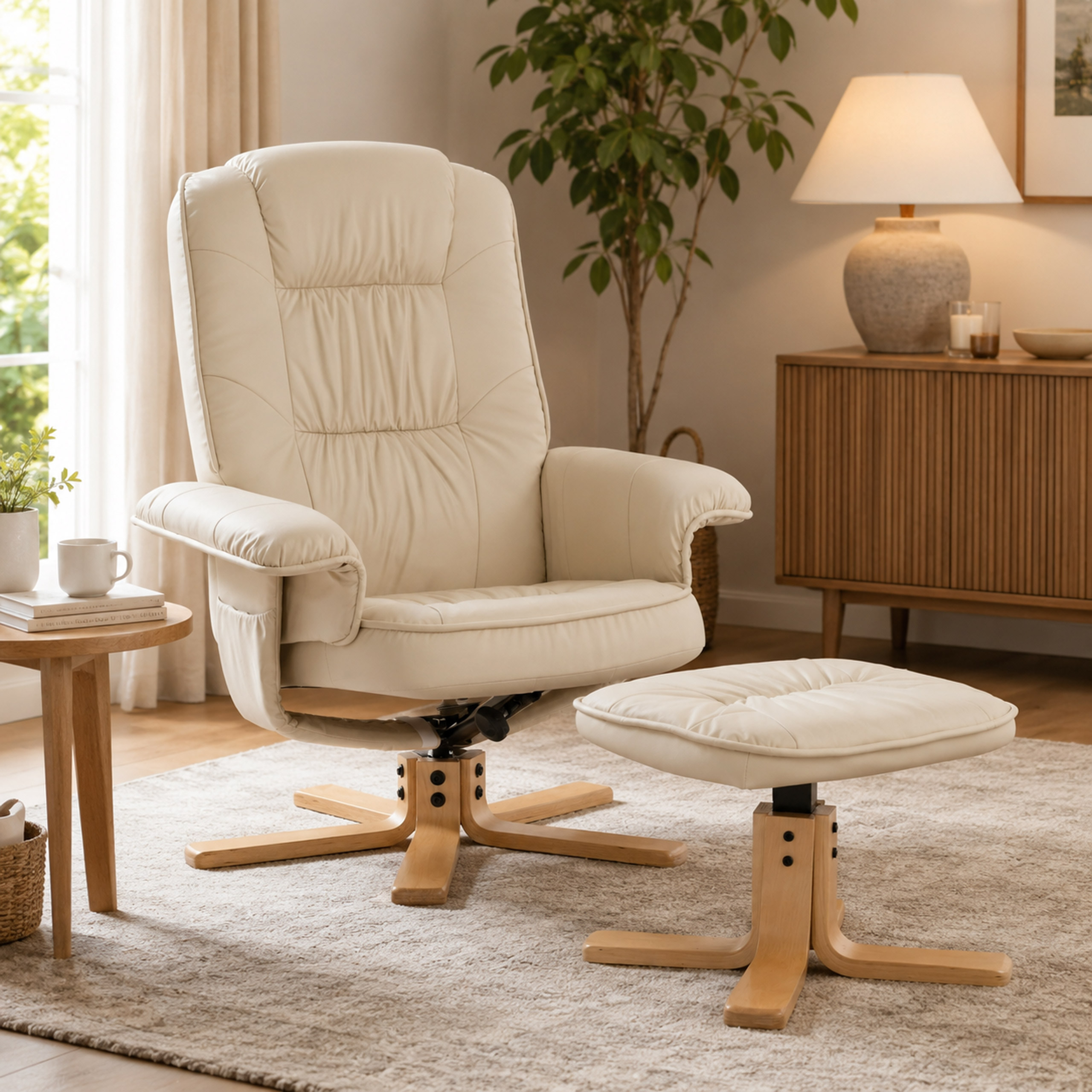 Relaxsessel M56, Fernsehsessel TV-Sessel mit Hocker Ottomane, Kunstleder Eukalyptus Holz FSC®-zertifiziert ~ creme